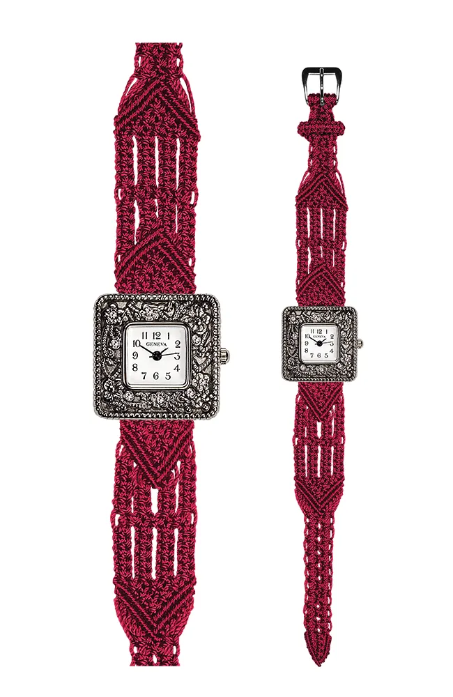 106 Red - Wide with Antique Style Square Marcasite Watch