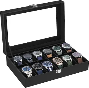 12-Slot Velvet Watch Box with Glass Lid, Removable Pillows - SONGMICS