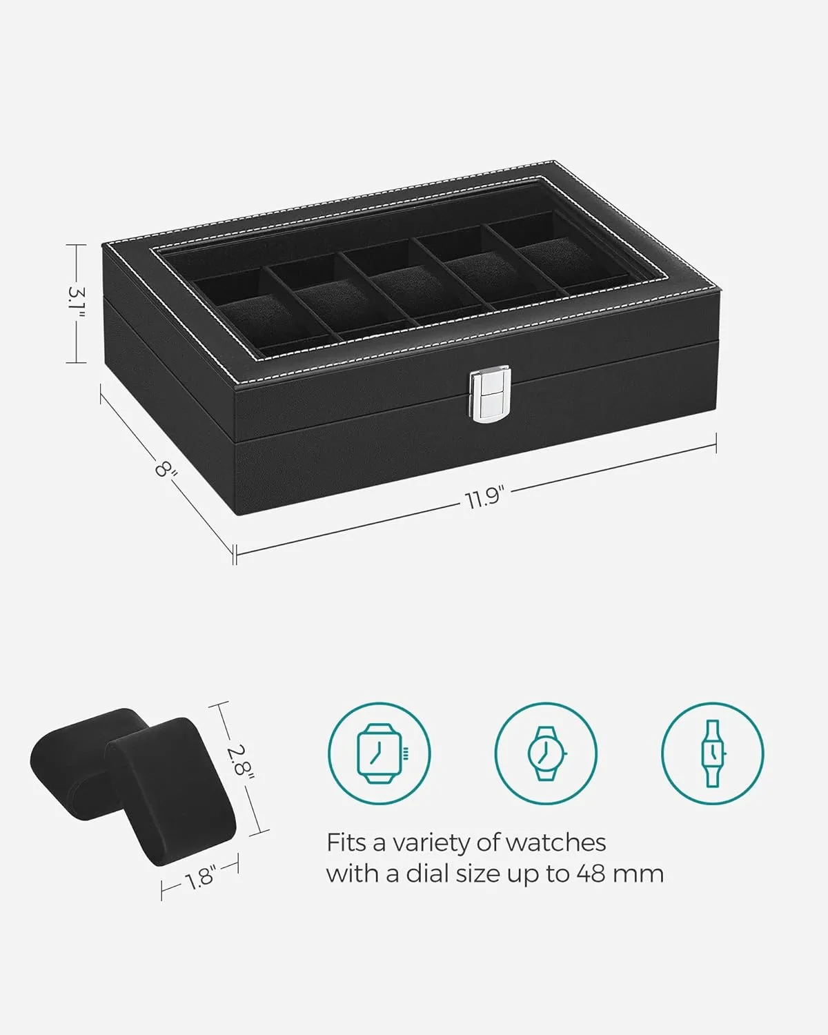 12-Slot Velvet Watch Box with Glass Lid, Removable Pillows - SONGMICS