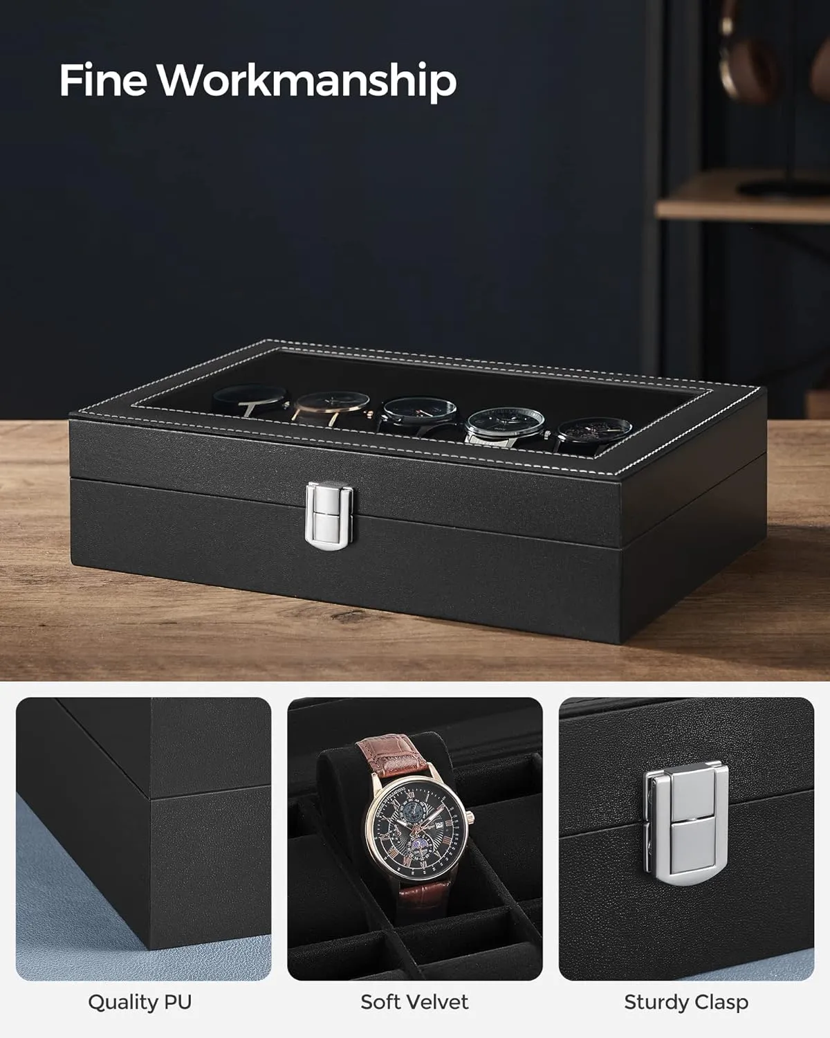 12-Slot Velvet Watch Box with Glass Lid, Removable Pillows - SONGMICS