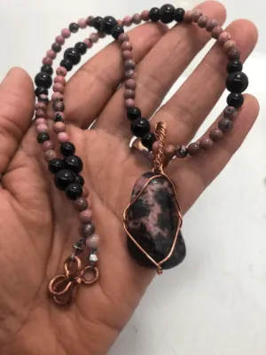 20 inch Rhodonite and Black Tourmaline Beaded necklace