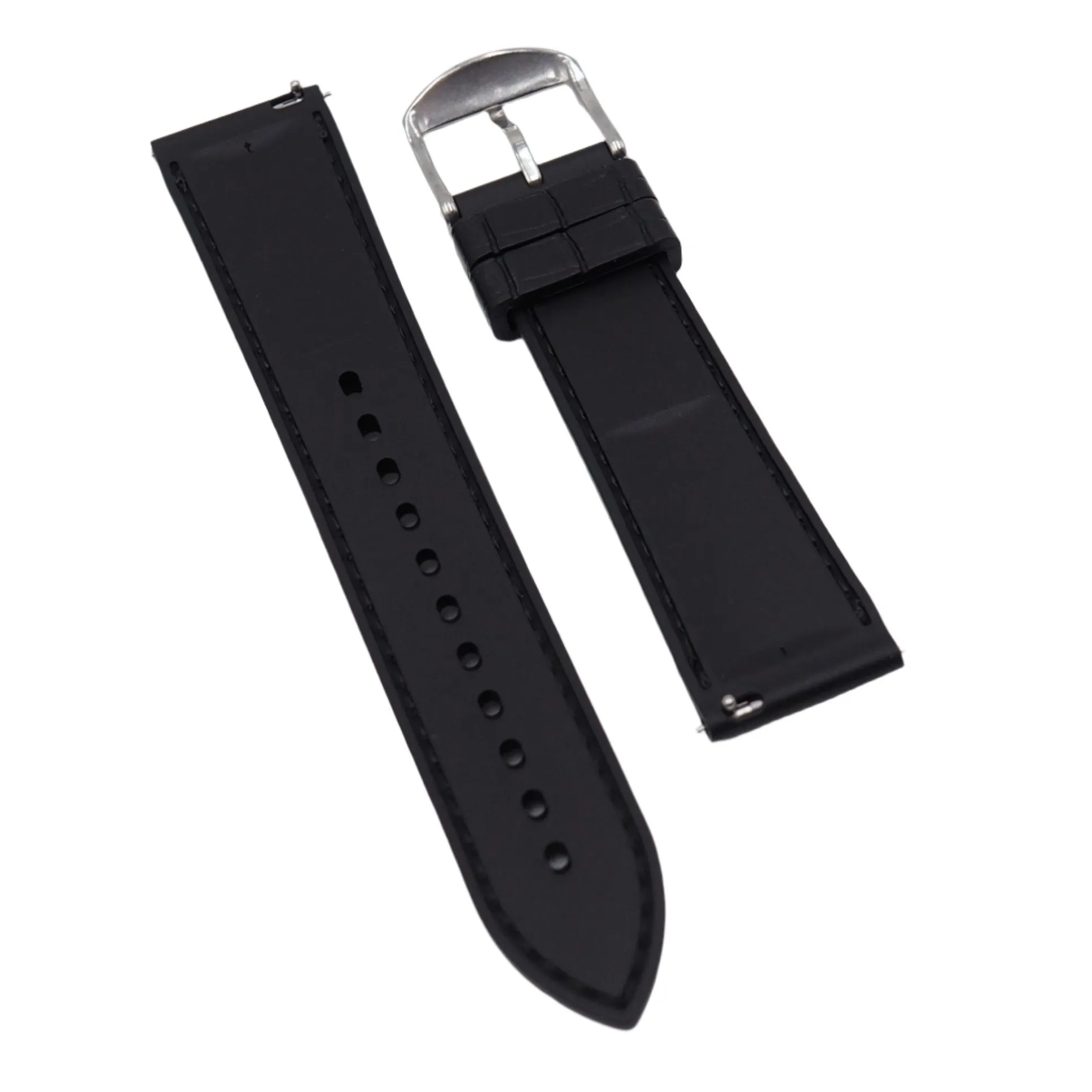 20mm, 21mm, 22mm Black Alligator-Embossed Rubber Watch Strap, Quick Release Spring Bars