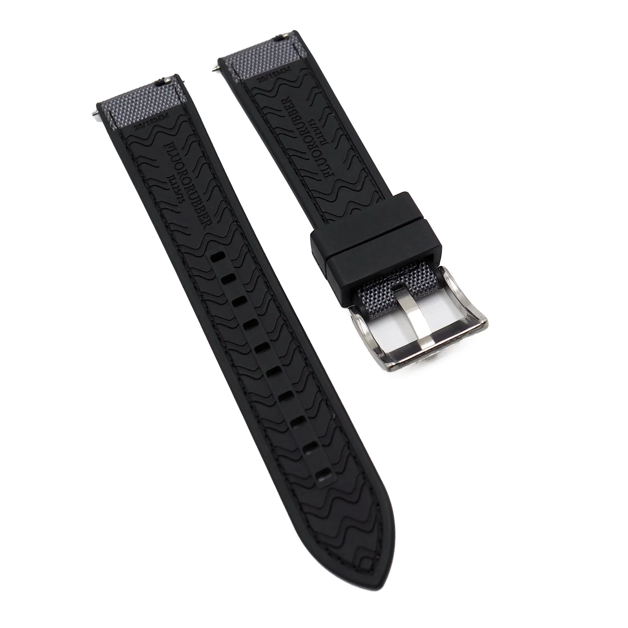 20mm, 22mm Hybrid Gray Nylon FKM Rubber Watch Strap, Quick Release Spring Bars