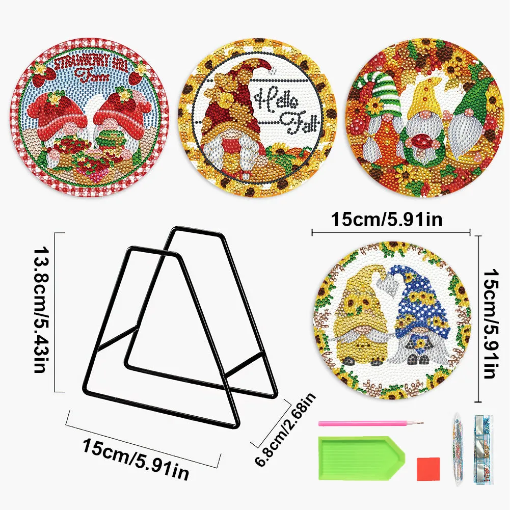 4 PCS Wooden Diamond Painted Placemats Round Placemat with Holder (Gnome)