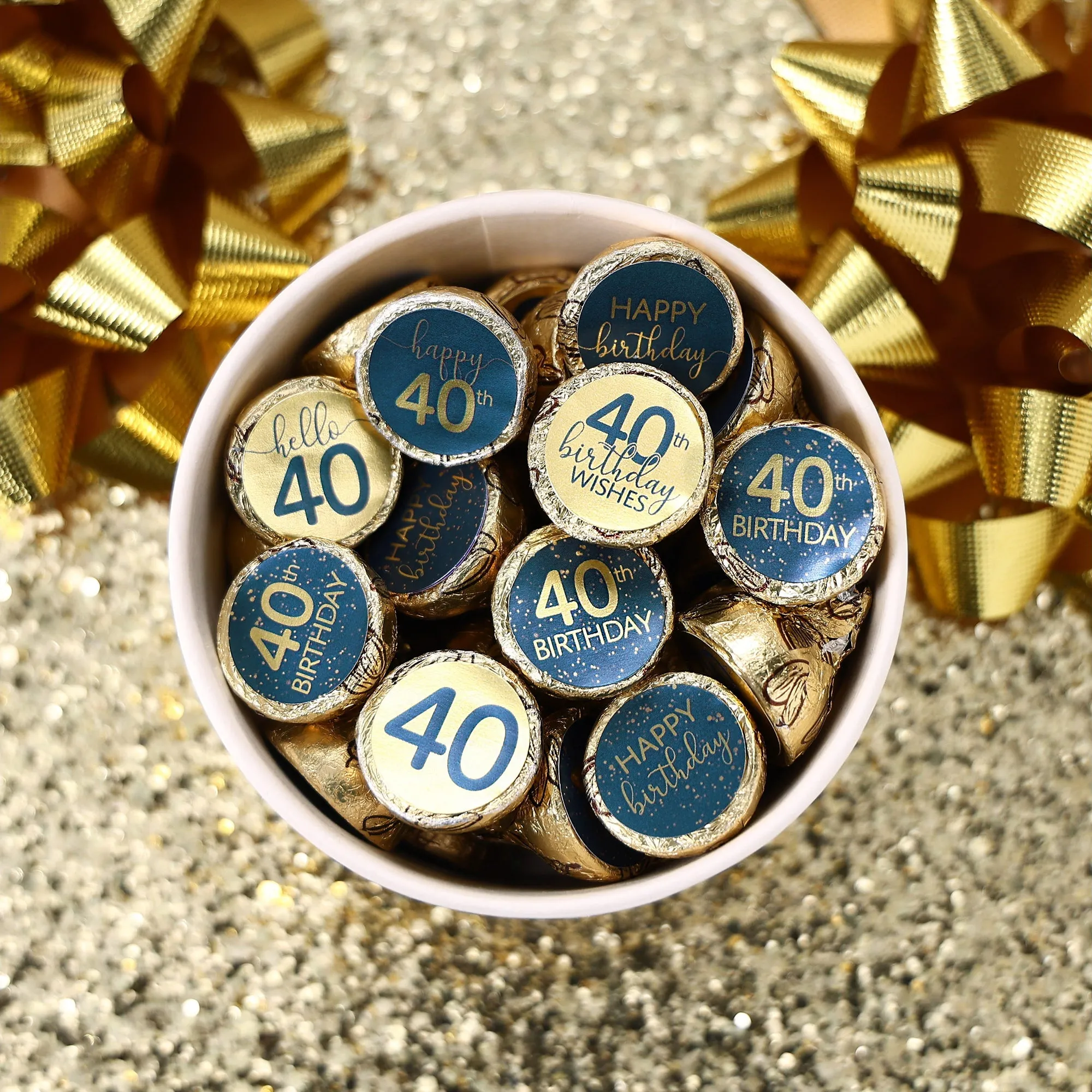 40th Birthday: Navy Blue & Gold - Adult Birthday - Stickers - Fits Hershey's Kisses Candy