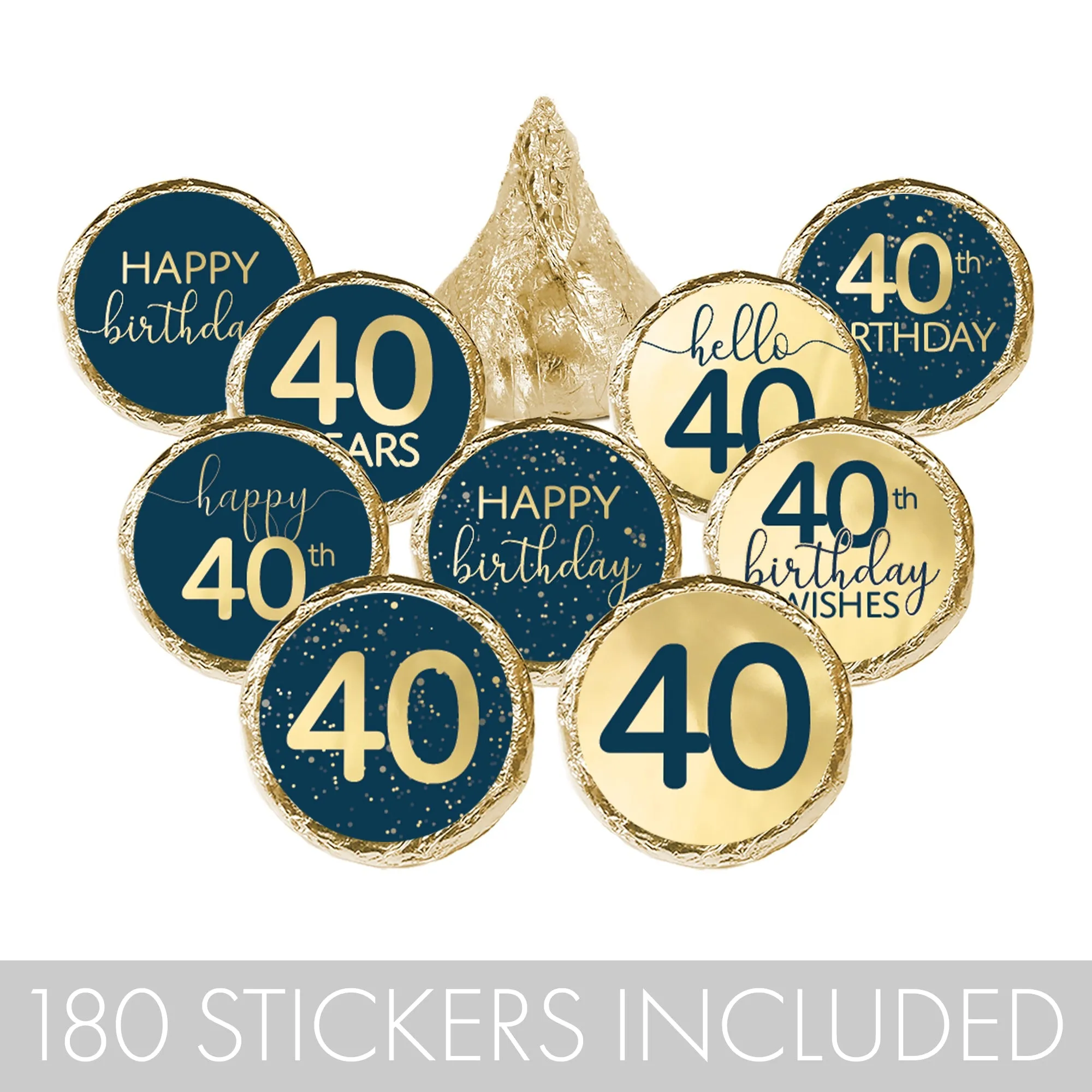 40th Birthday: Navy Blue & Gold - Adult Birthday - Stickers - Fits Hershey's Kisses Candy