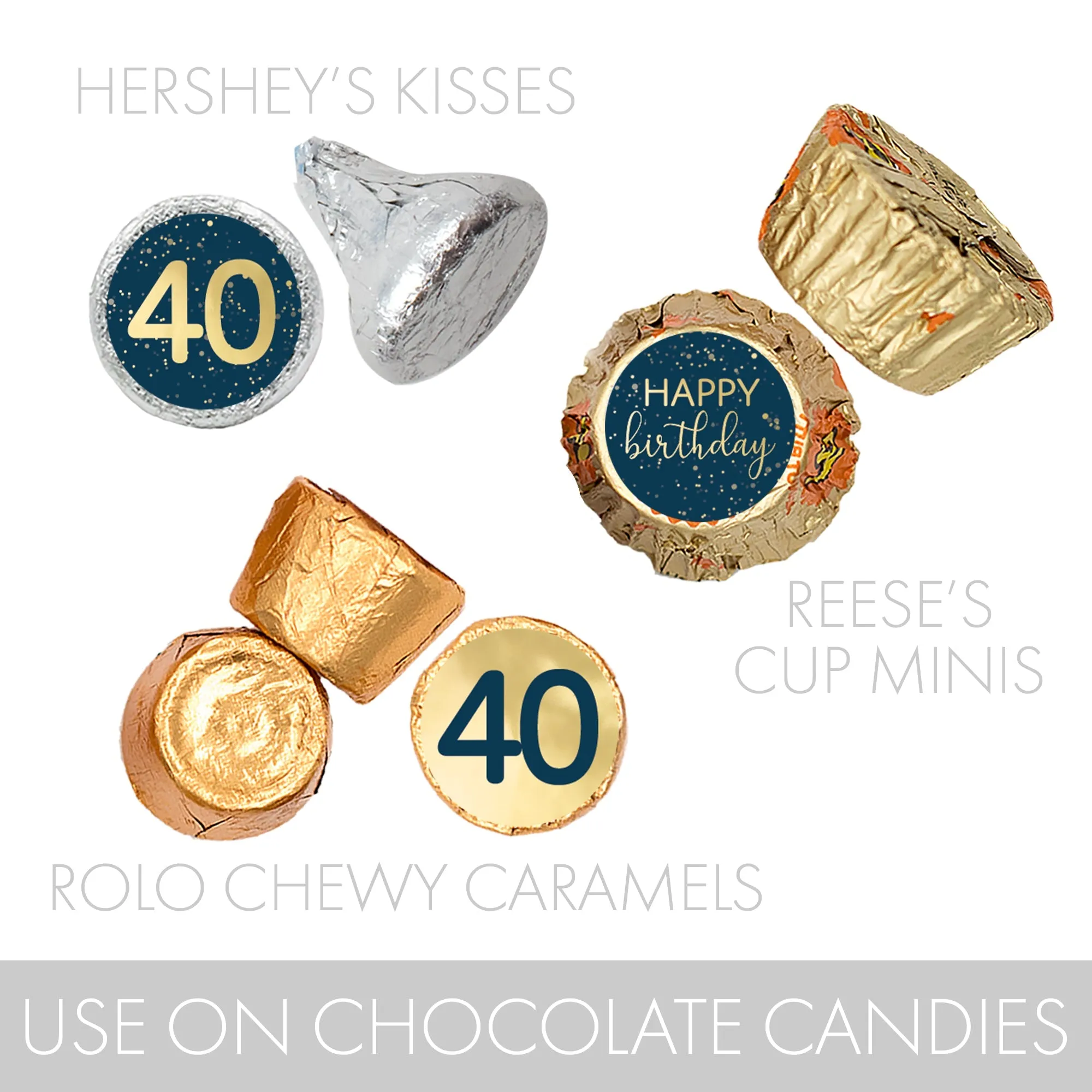 40th Birthday: Navy Blue & Gold - Adult Birthday - Stickers - Fits Hershey's Kisses Candy