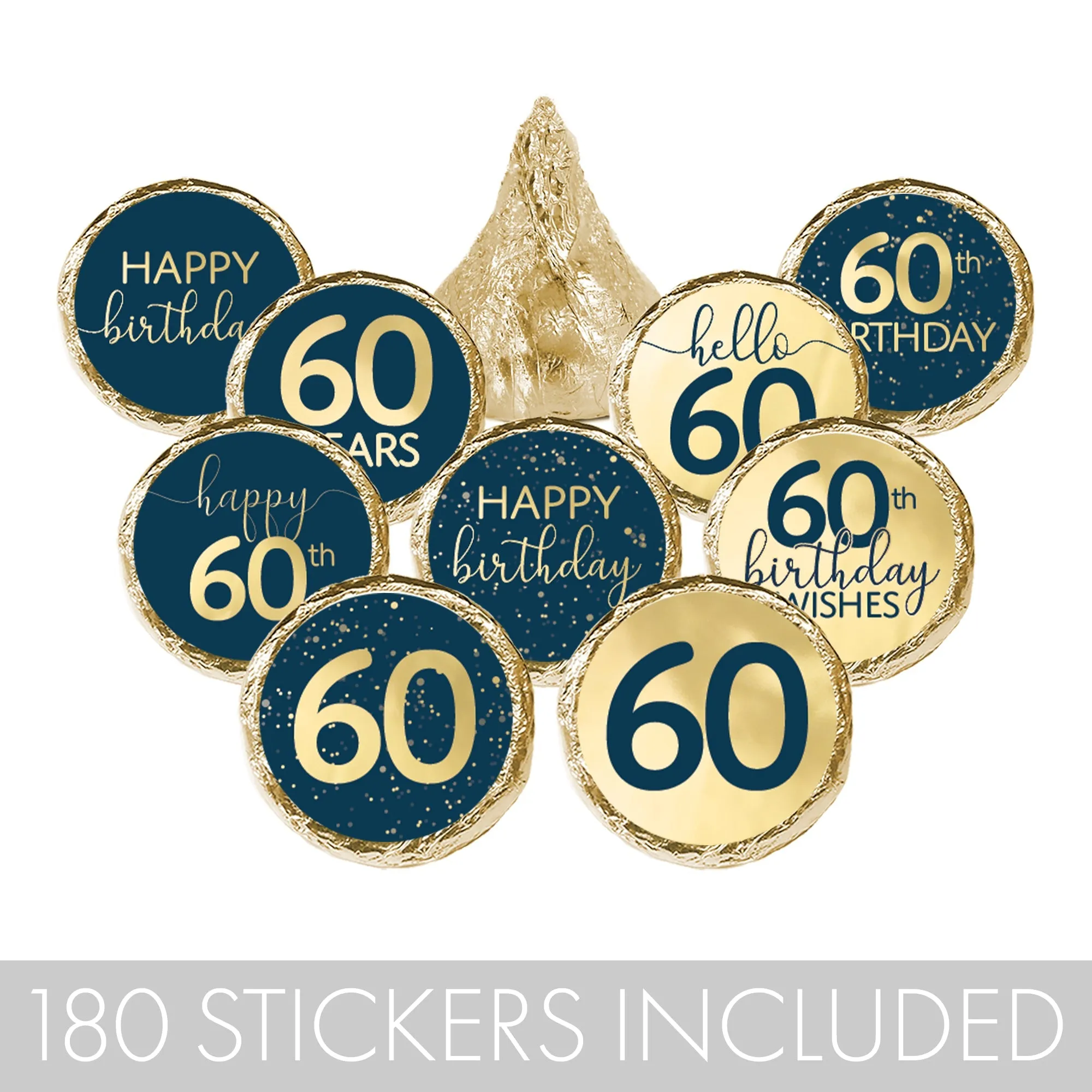 60th Birthday: Navy Blue & Gold - Adult Birthday -  Stickers - Fits Hershey's Kisses Candy