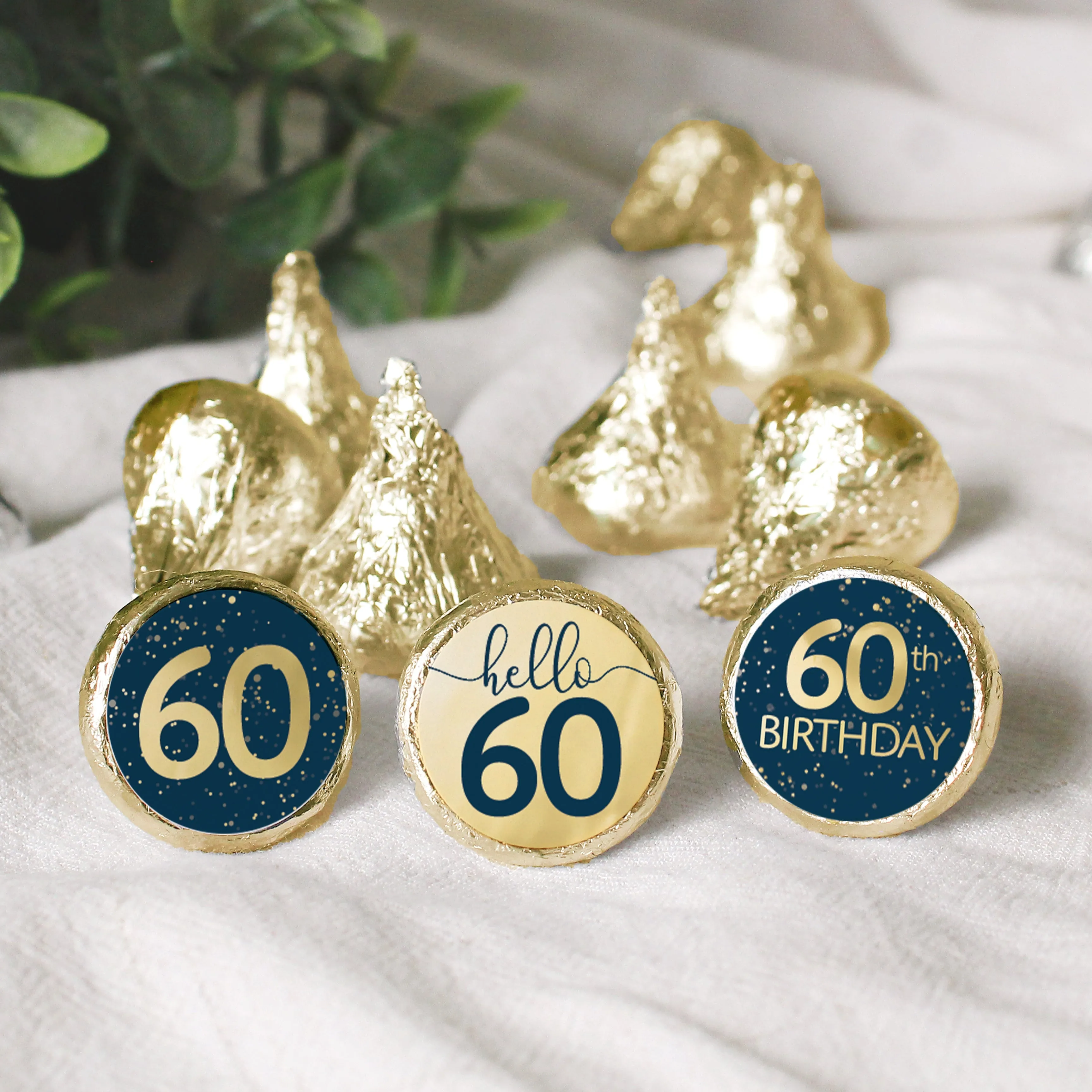 60th Birthday: Navy Blue & Gold - Adult Birthday -  Stickers - Fits Hershey's Kisses Candy