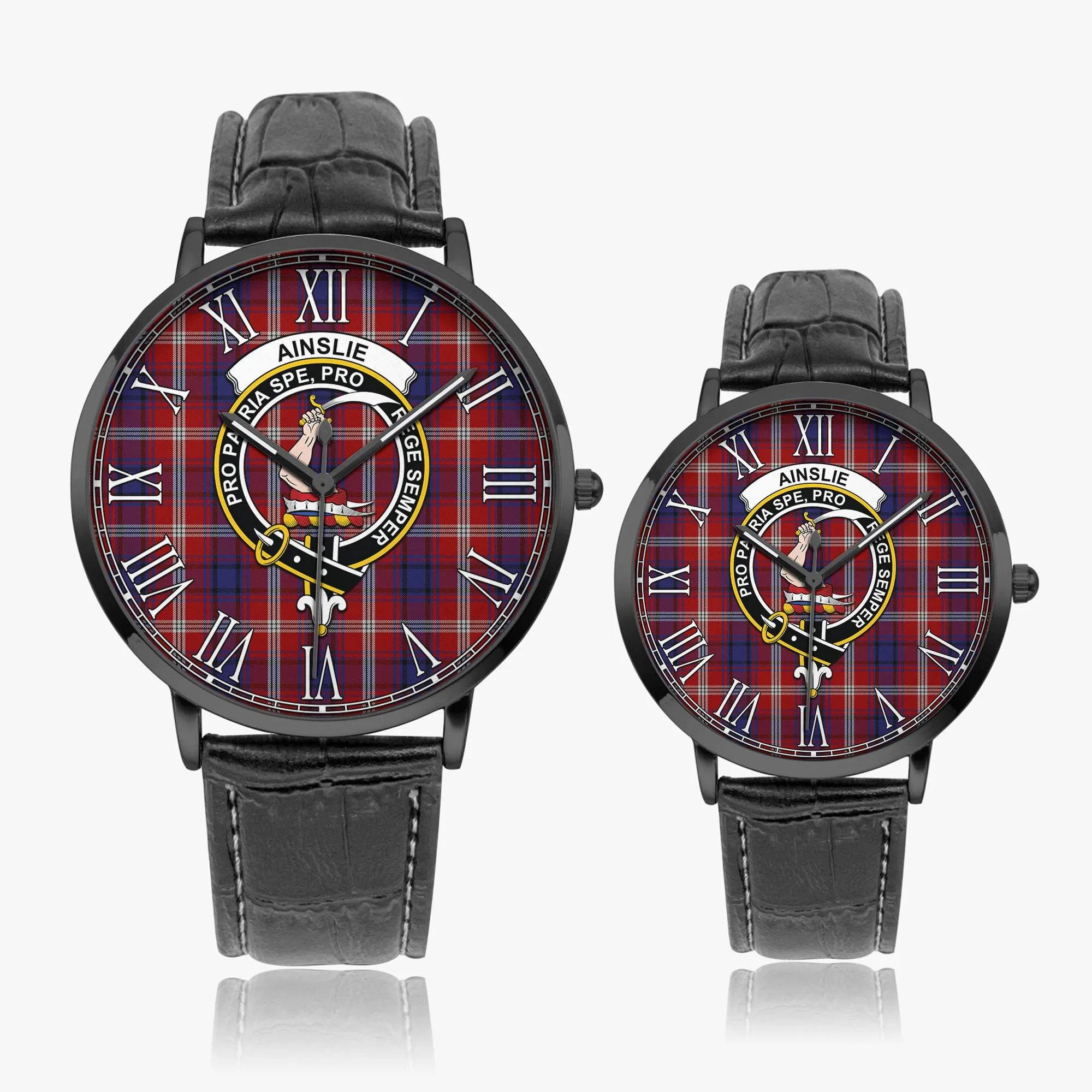 Ainslie Tartan Family Crest Leather Strap Quartz Watch