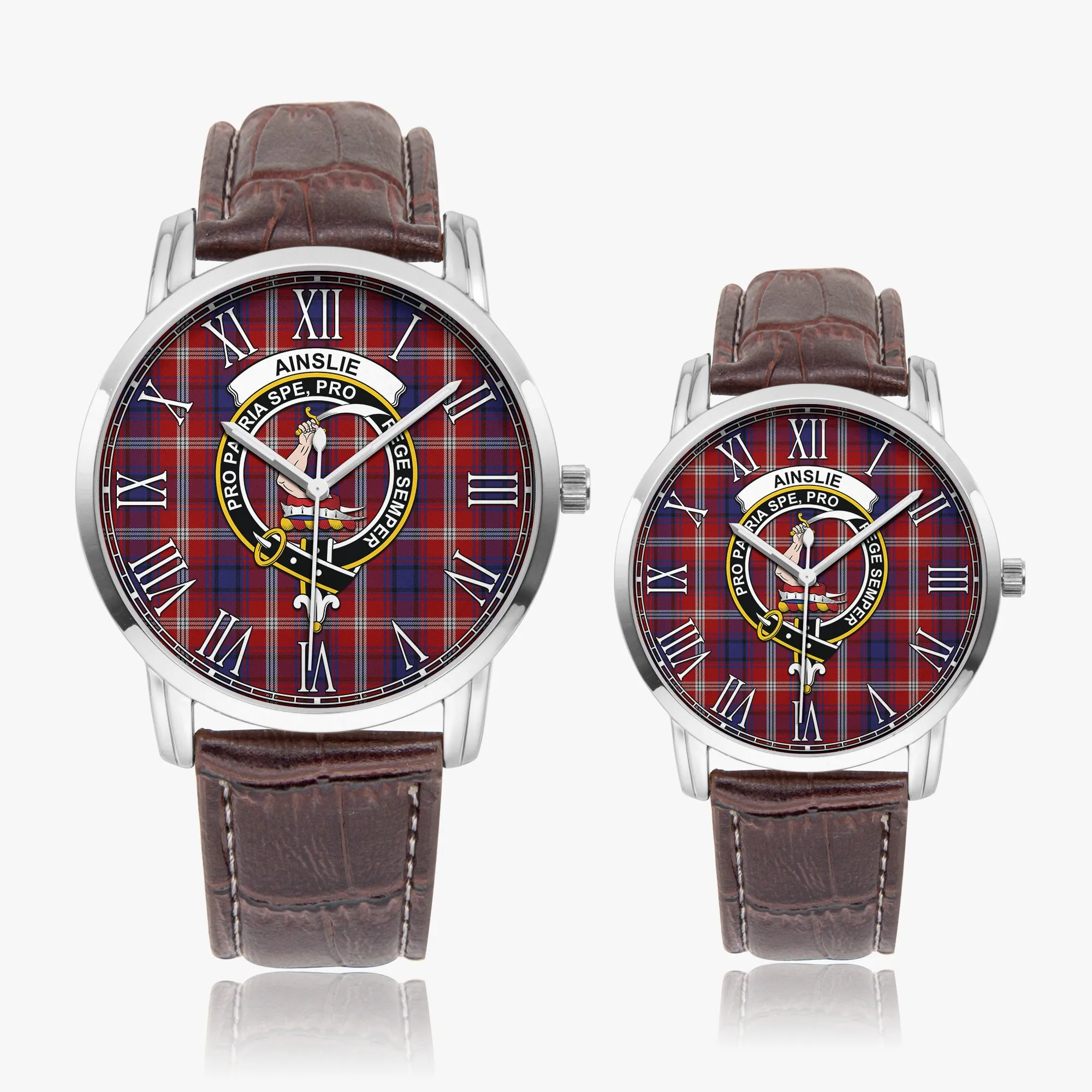 Ainslie Tartan Family Crest Leather Strap Quartz Watch