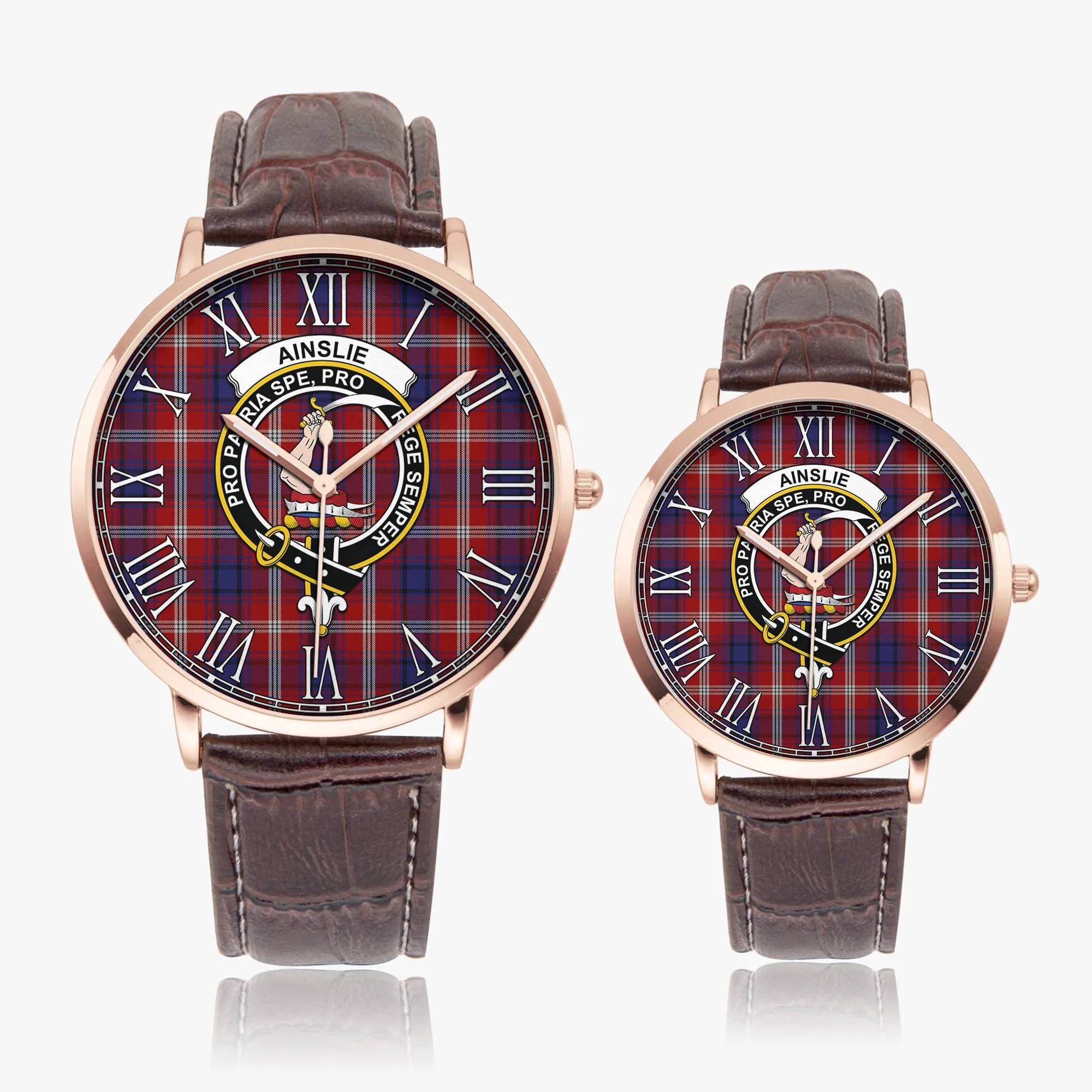 Ainslie Tartan Family Crest Leather Strap Quartz Watch