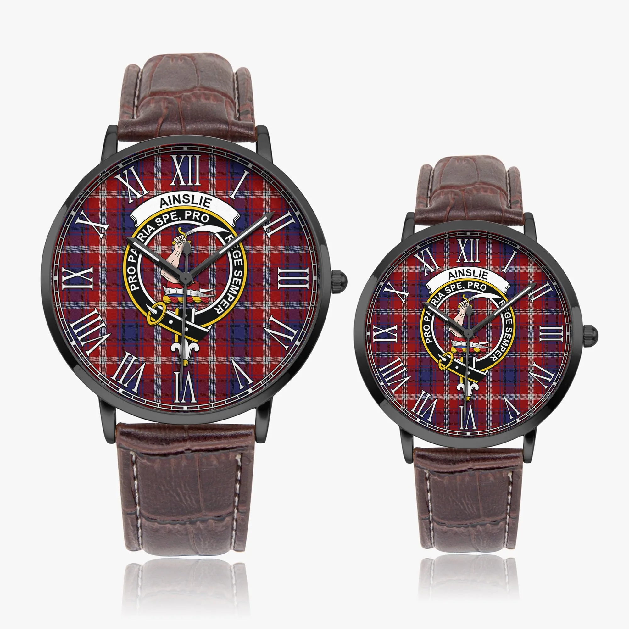 Ainslie Tartan Family Crest Leather Strap Quartz Watch