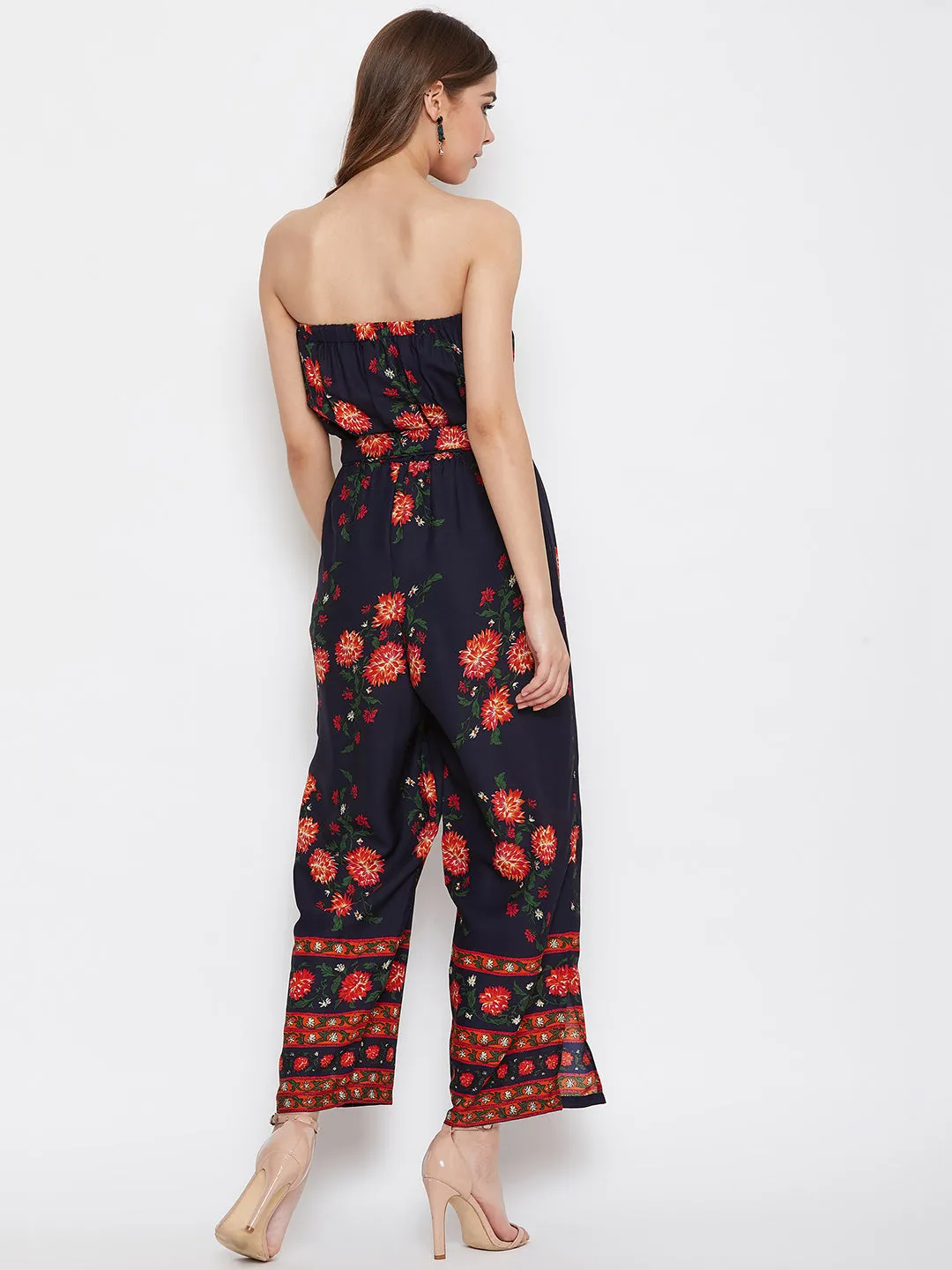 Berrylush Women Navy Blue Floral Off-Shoulder Waist Tie-Up Jumpsuit