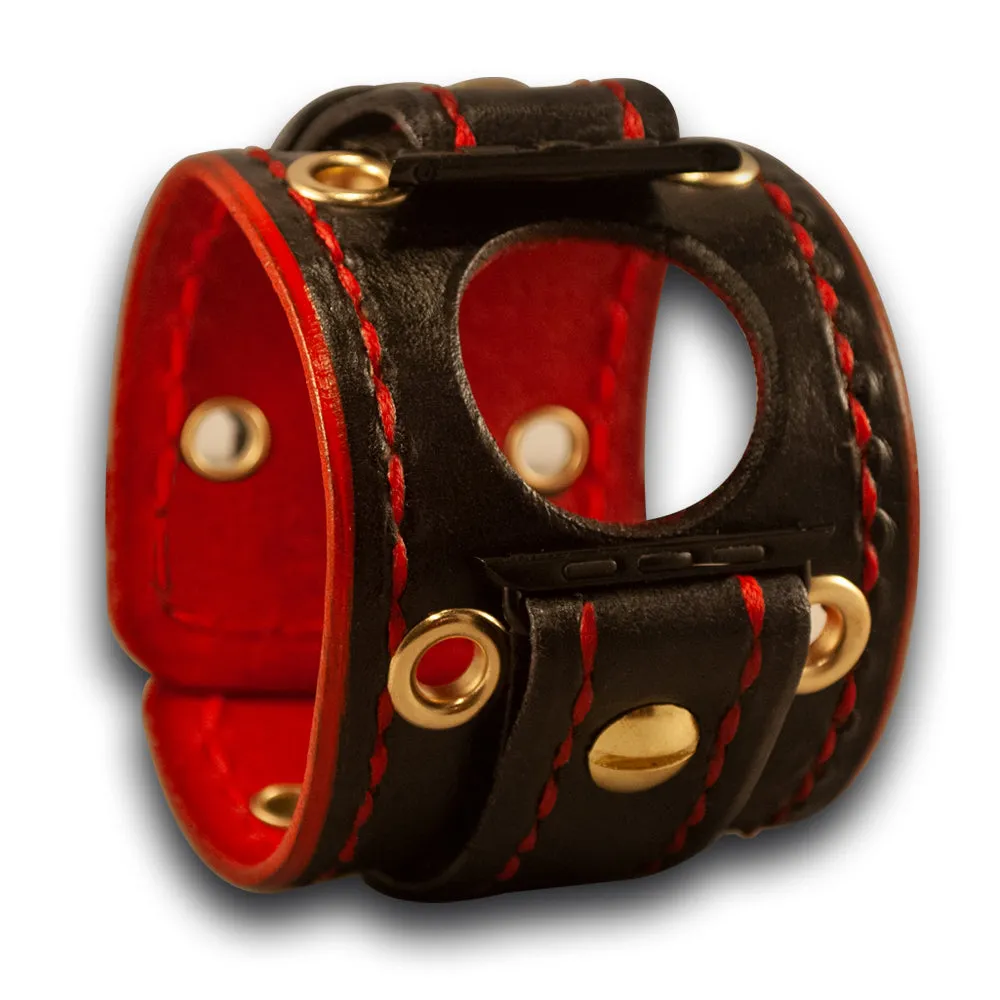 Black & Red Apple Leather Cuff Watch Band with Brass Eyelets