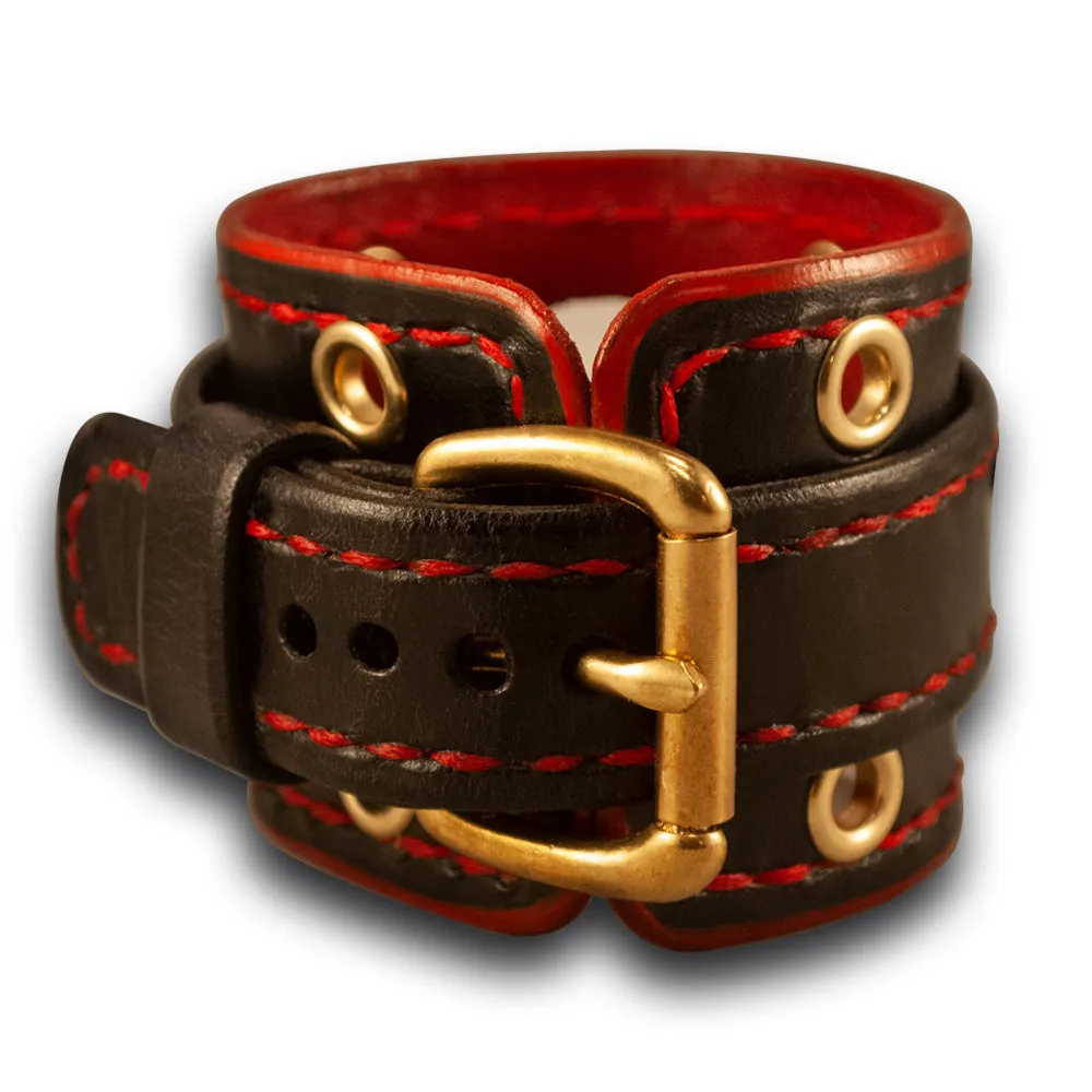 Black & Red Apple Leather Cuff Watch Band with Brass Eyelets