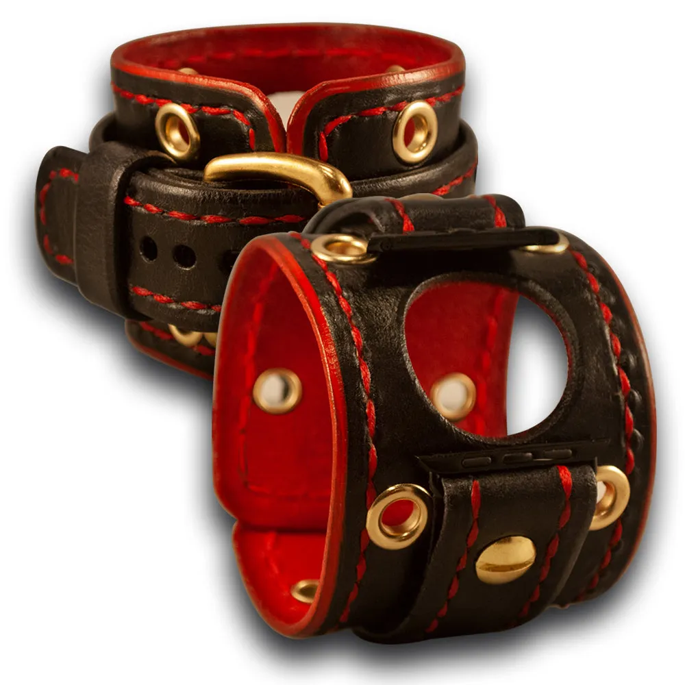 Black & Red Apple Leather Cuff Watch Band with Brass Eyelets