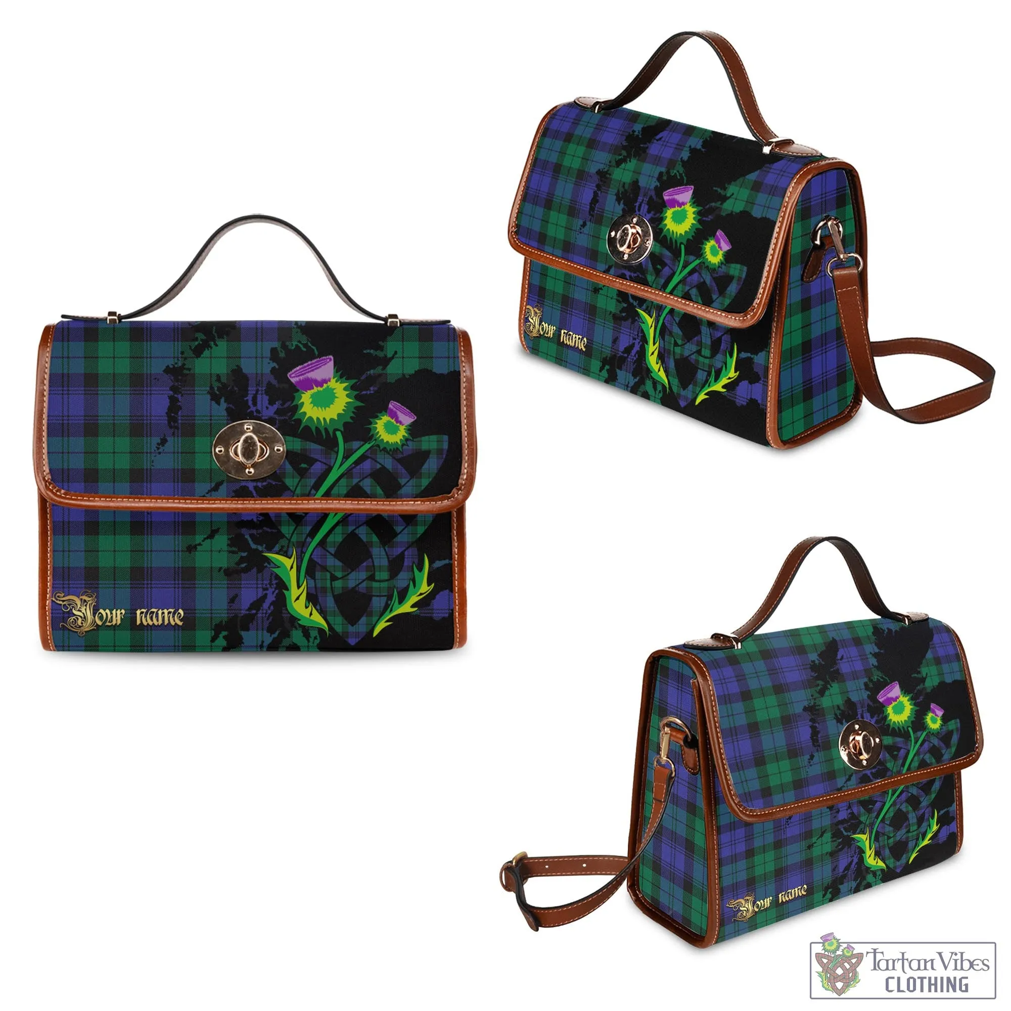 Black Watch Modern Tartan Waterproof Canvas Bag with Scotland Map and Thistle Celtic Accents