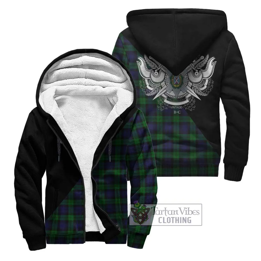 Black Watch Tartan Sherpa Hoodie with Family Crest and Military Logo Style