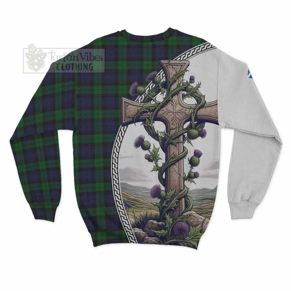 Black Watch Tartan Sweatshirt with Family Crest and St. Andrew's Cross Accented by Thistle Vines