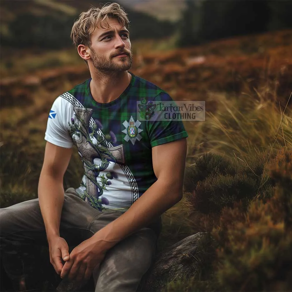 Black Watch Tartan T-Shirt with Family Crest and St. Andrew's Cross Accented by Thistle Vines