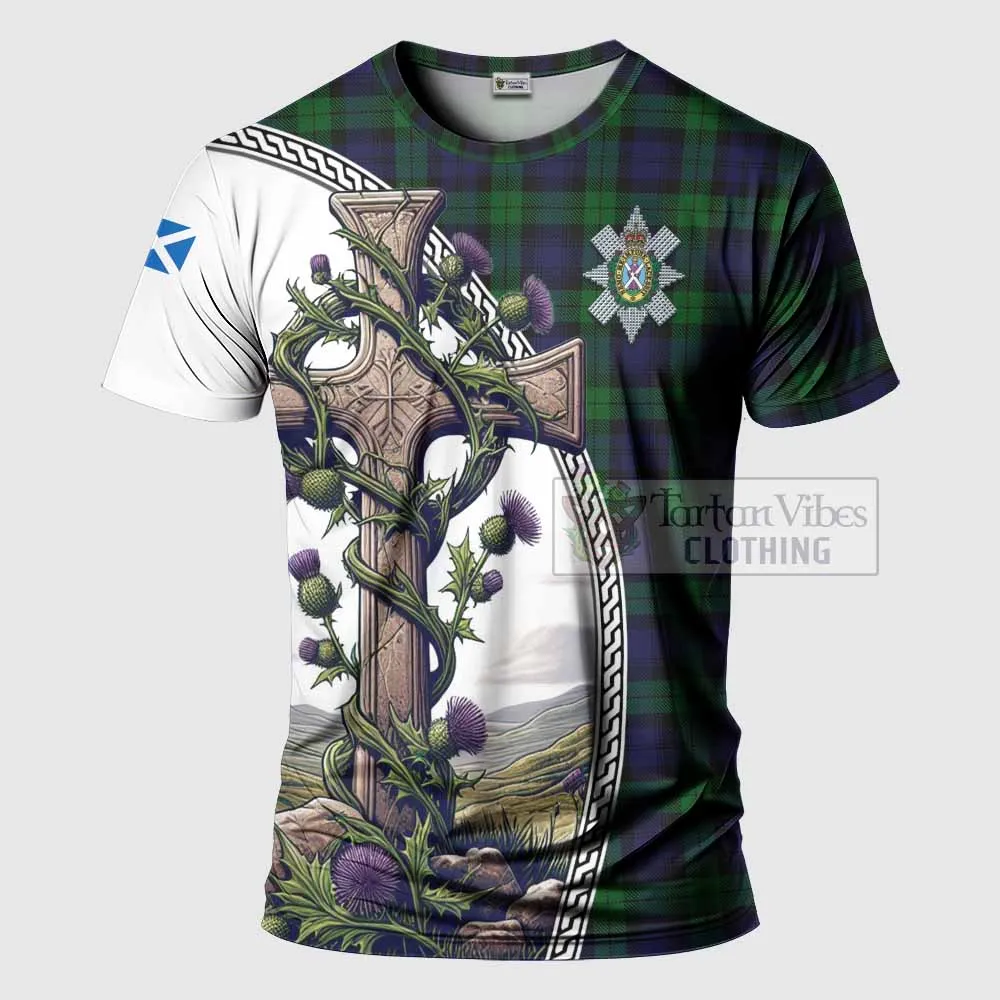 Black Watch Tartan T-Shirt with Family Crest and St. Andrew's Cross Accented by Thistle Vines