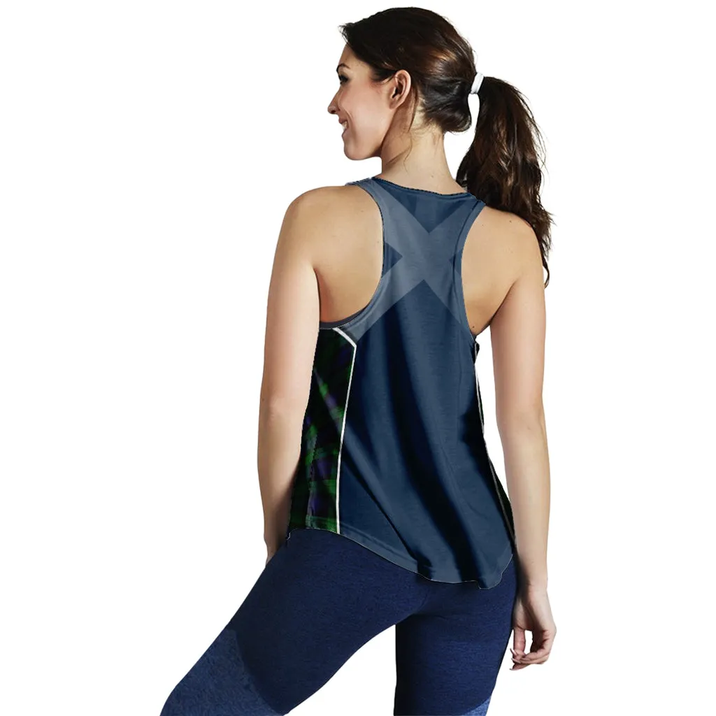 Black Watch Tartan Women's Racerback Tanks with Family Crest and Scottish Thistle Vibes Sport Style