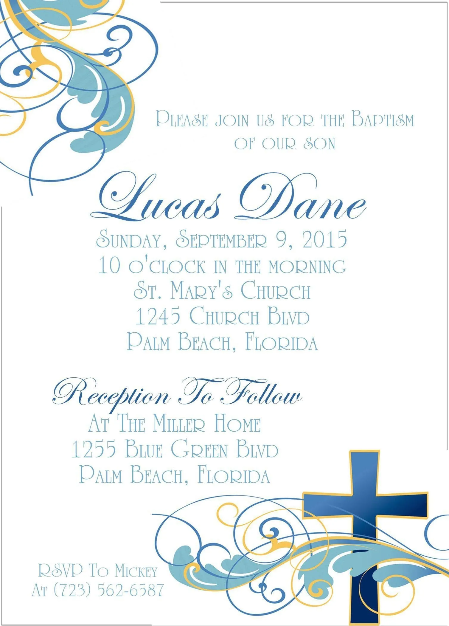 Blue And Gold Flourish Baptism Invitations