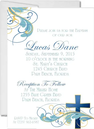 Blue And Gold Flourish Baptism Invitations