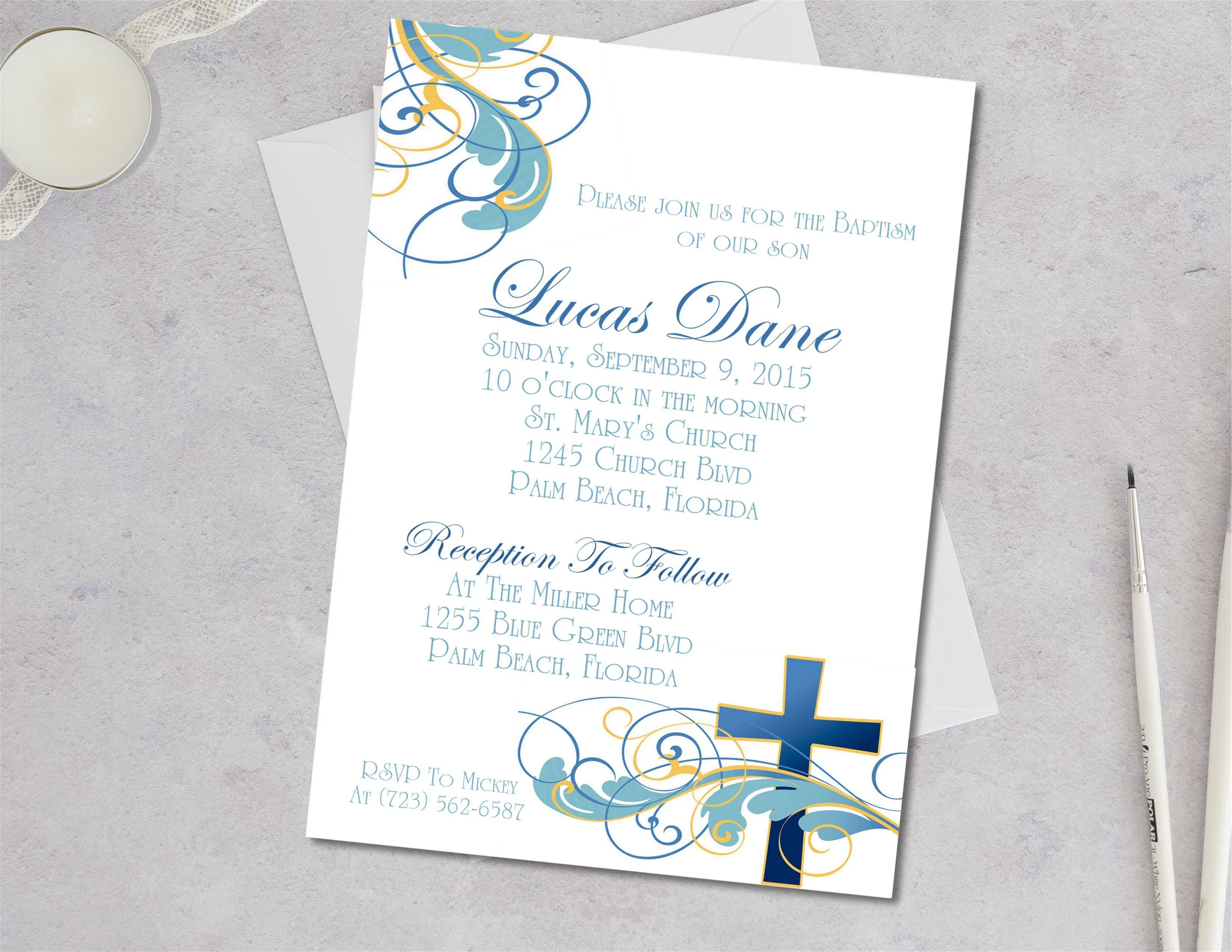 Blue And Gold Flourish Baptism Invitations