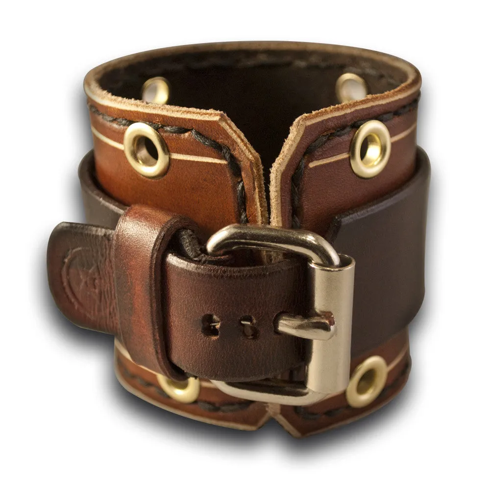 Brown Wide Leather Cuff Watch with Stitching, Eyelets & Etching