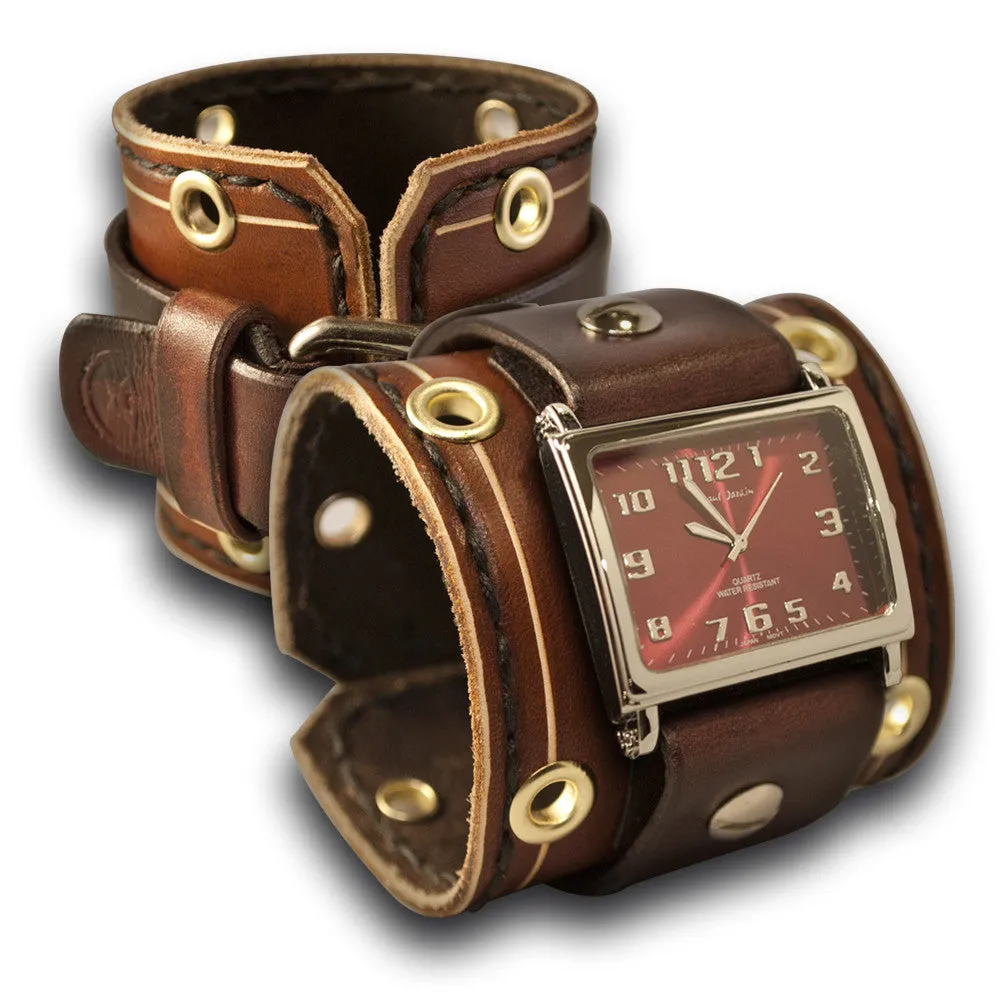 Brown Wide Leather Cuff Watch with Stitching, Eyelets & Etching