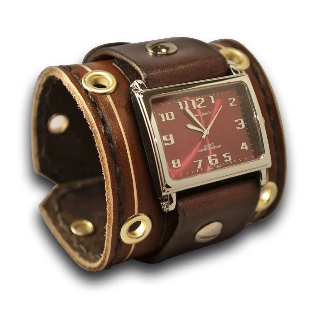 Brown Wide Leather Cuff Watch with Stitching, Eyelets & Etching