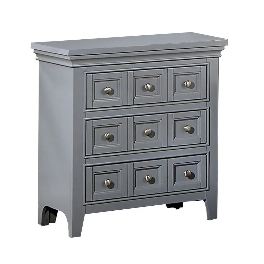 Cile 26 Inch Nightstand, 3 Panel Drawers, Gray Wood, Round Nickel Handles By Casagear Home