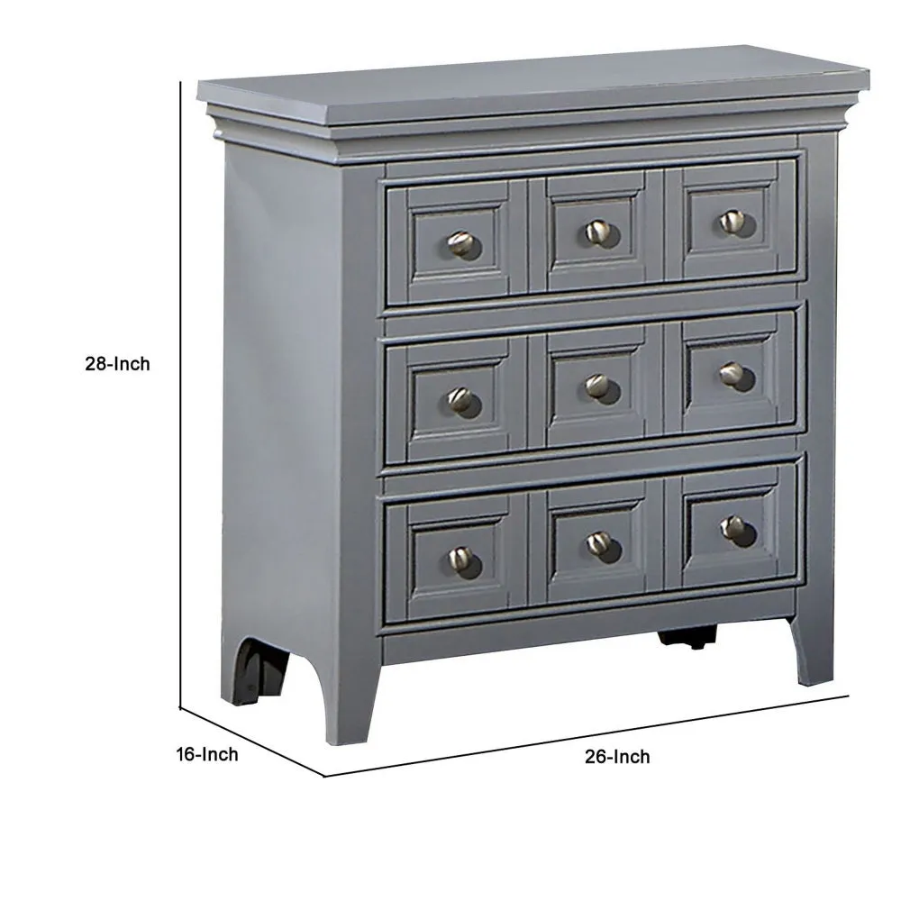 Cile 26 Inch Nightstand, 3 Panel Drawers, Gray Wood, Round Nickel Handles By Casagear Home