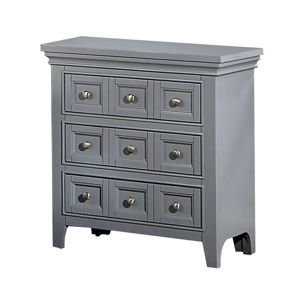 Cile 26 Inch Nightstand, 3 Panel Drawers, Gray Wood, Round Nickel Handles By Casagear Home