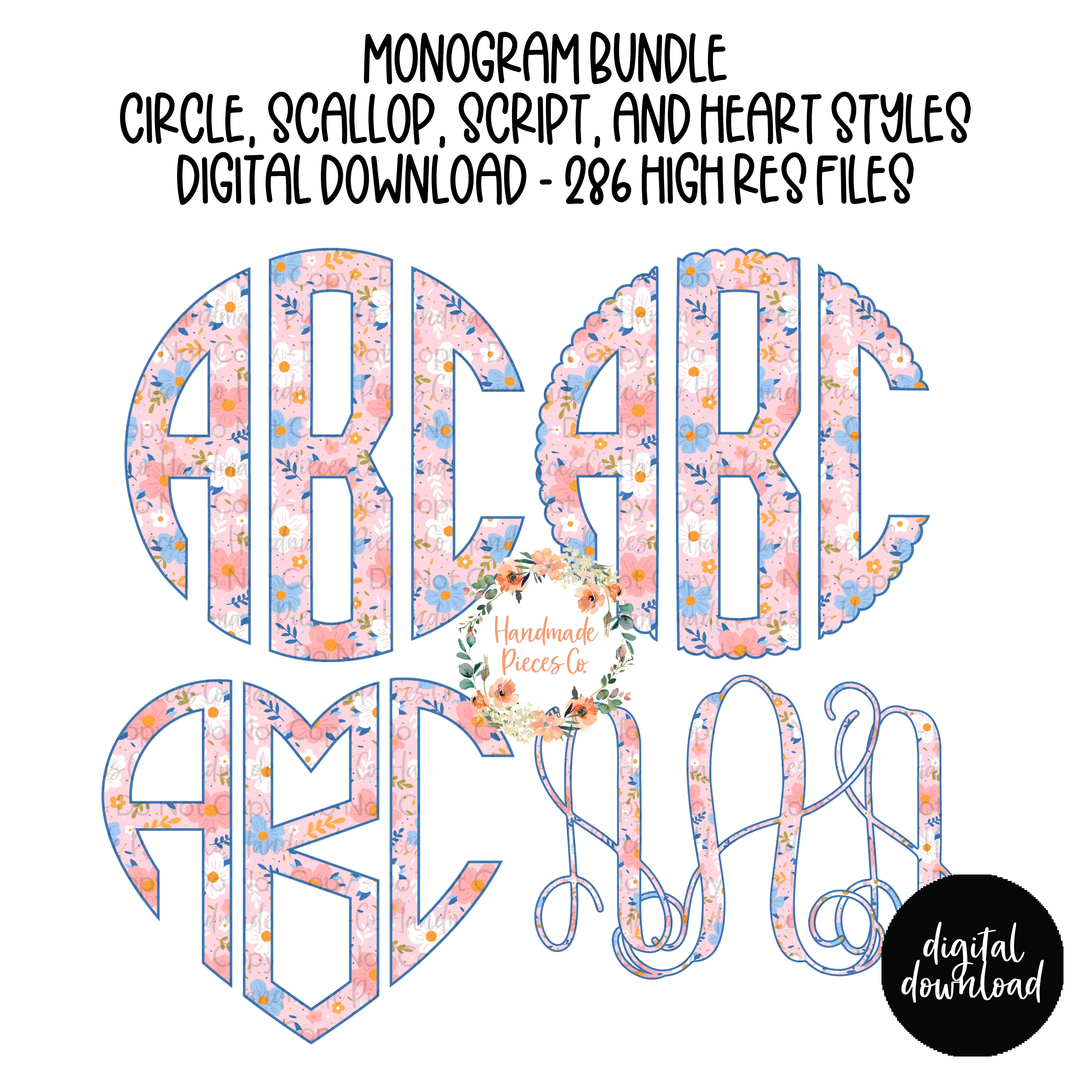 Colorful Garden Monogram, Pink - Multiple Styles - Digital Download