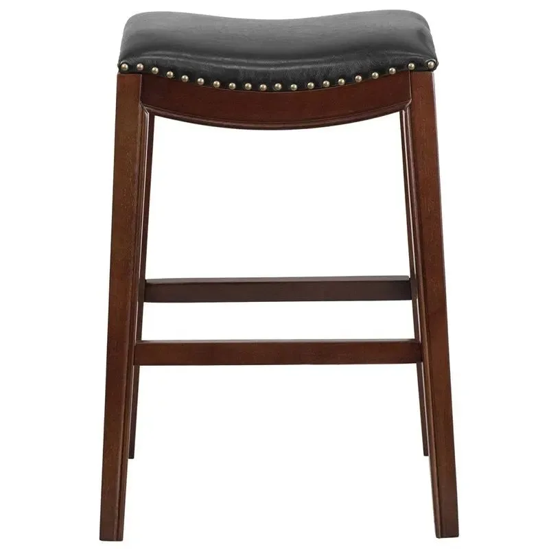 Estella 30'' Backless Cappuccino Wood Bar Stool w/Black Leather Saddle Seat