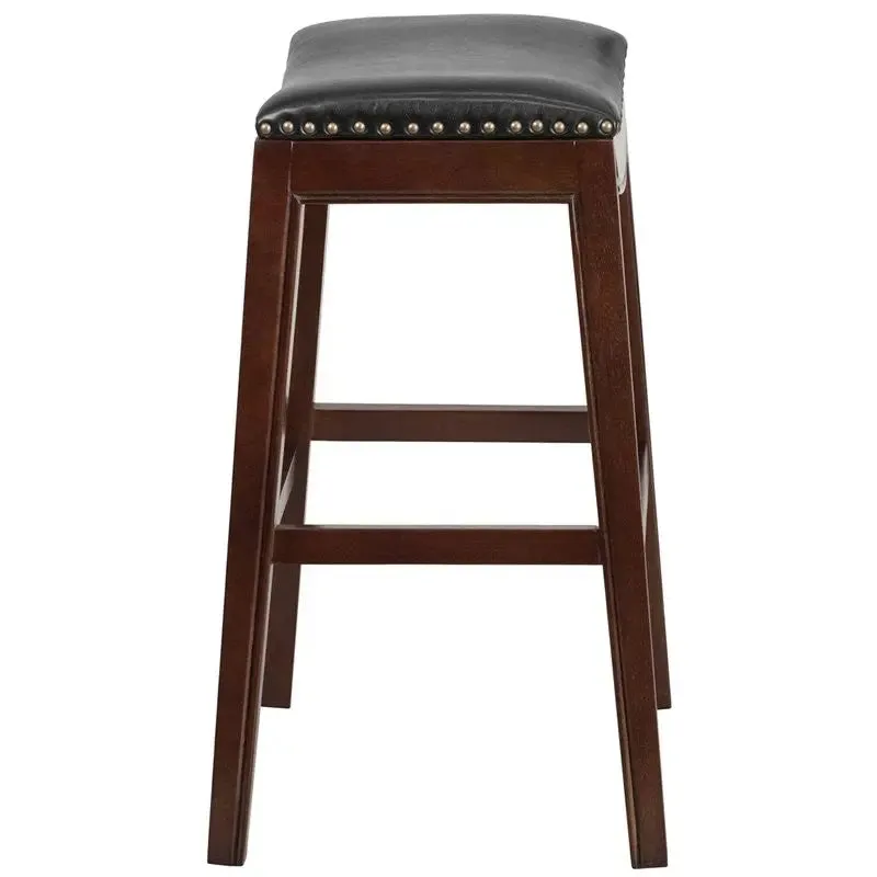 Estella 30'' Backless Cappuccino Wood Bar Stool w/Black Leather Saddle Seat