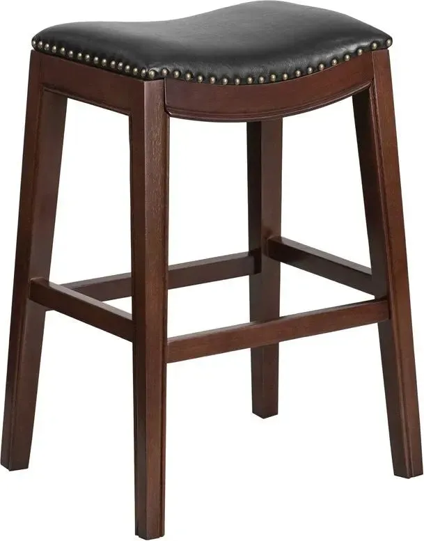 Estella 30'' Backless Cappuccino Wood Bar Stool w/Black Leather Saddle Seat