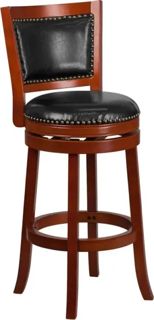 Estella 30'' Panel Back Light Cherry Wood Bar Stool w/Black Leather