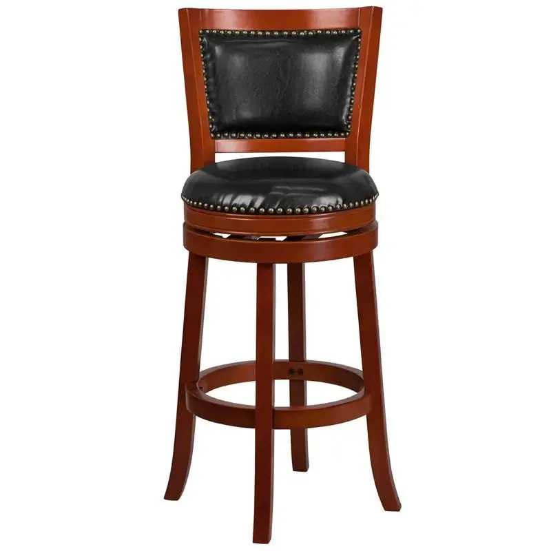 Estella 30'' Panel Back Light Cherry Wood Bar Stool w/Black Leather