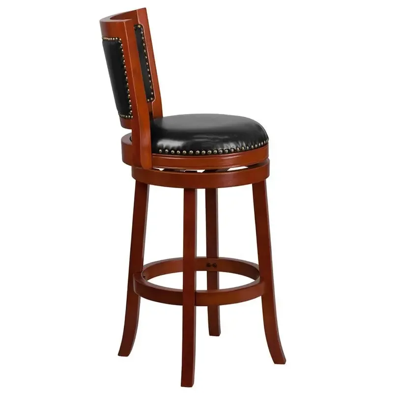 Estella 30'' Panel Back Light Cherry Wood Bar Stool w/Black Leather