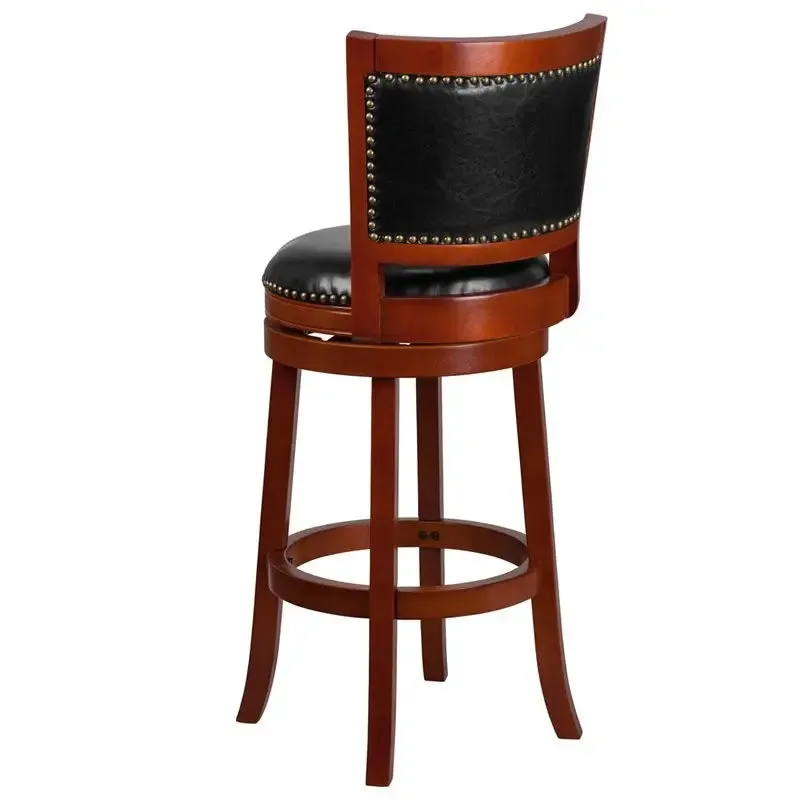 Estella 30'' Panel Back Light Cherry Wood Bar Stool w/Black Leather