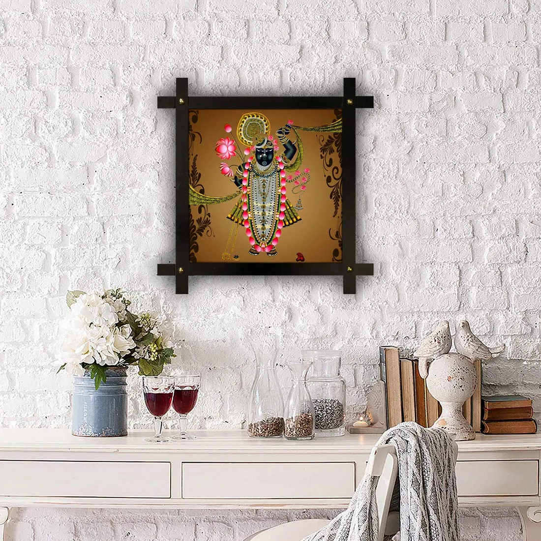 Generic Poster n Frames Cross Wooden Frame Hand-Crafted with Photo of Shrinathji Nathdwara 20175-(16.5x16.5inch,Wood,Multicolour), Medium