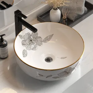 Gold Ceramic Bathroom Vanity Basin, Flower Pattern - Cefito