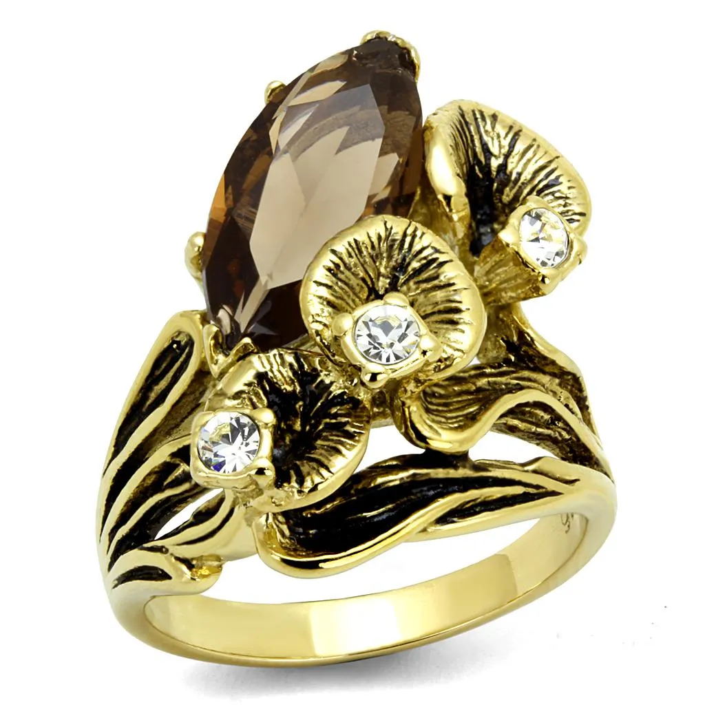 IP Gold(Ion Plating) Stainless Steel Ring with Synthetic Synthetic Glass in Brown for Women Style TK2914