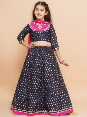 Jashvi Girls Navy blue Jacquard design Lehenga & Detailed Blouse With Dupatta