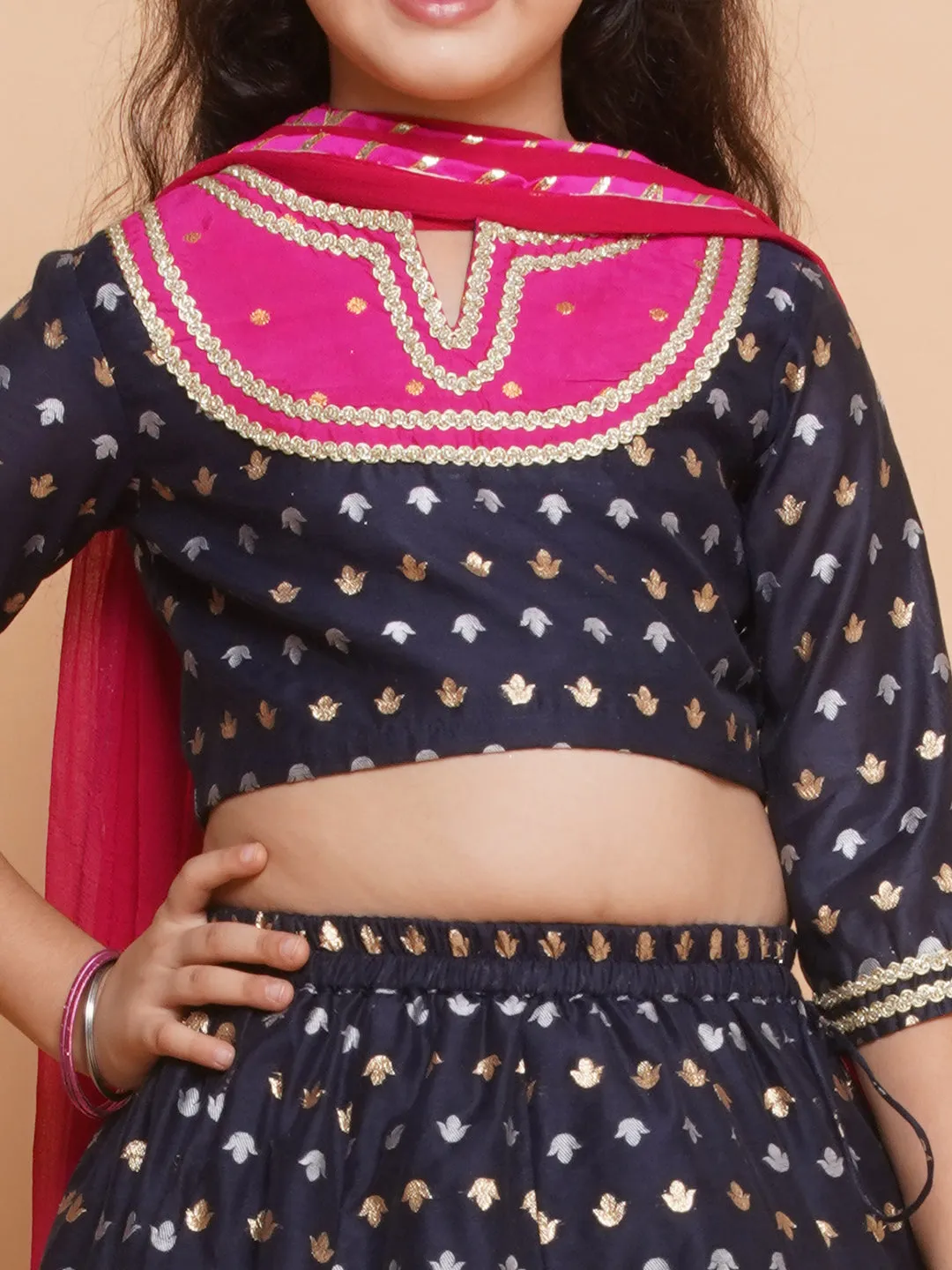 Jashvi Girls Navy blue Jacquard design Lehenga & Detailed Blouse With Dupatta