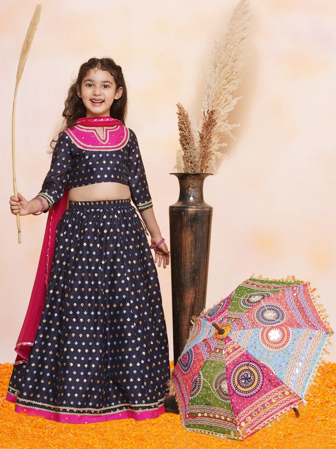 Jashvi Girls Navy blue Jacquard design Lehenga & Detailed Blouse With Dupatta